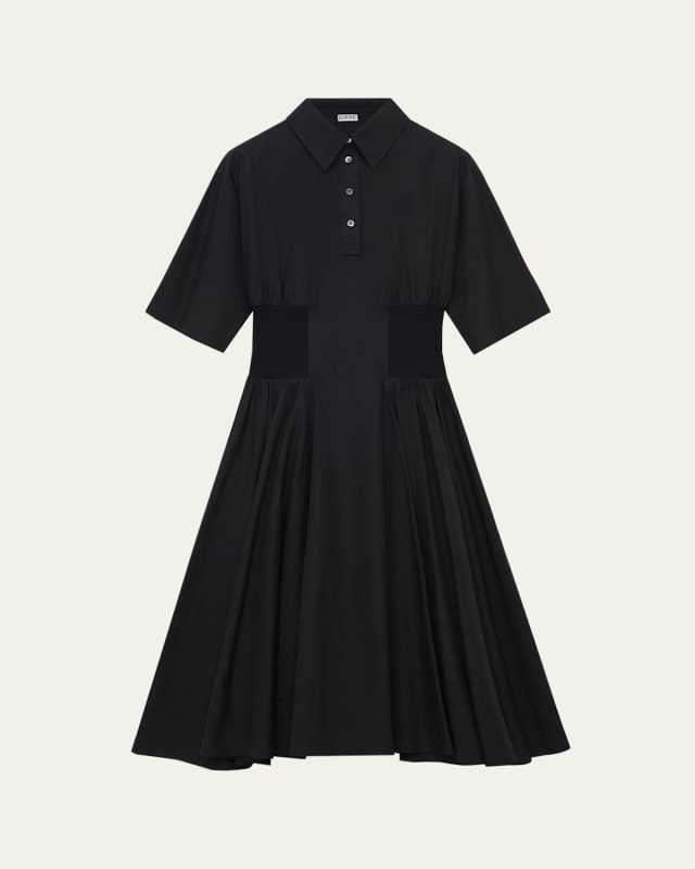 Short-Sleeve Cinched-Waist Poplin Midi Shirtdress